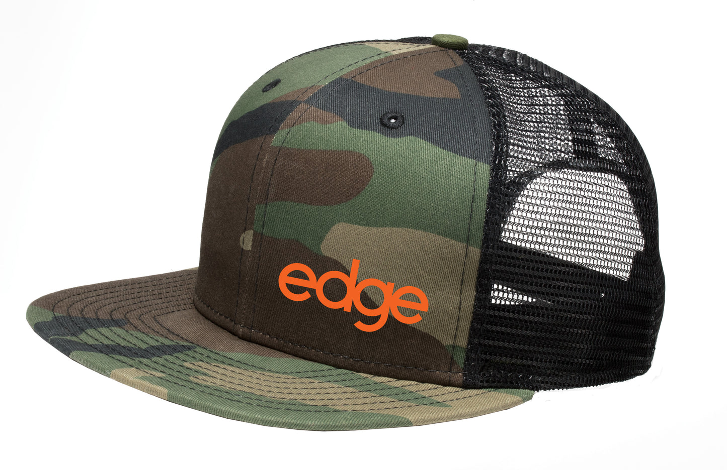 edge - New Era® Original Fit Snapback Trucker Cap in Camo Front / Black Mesh Back w/ Orange Logo