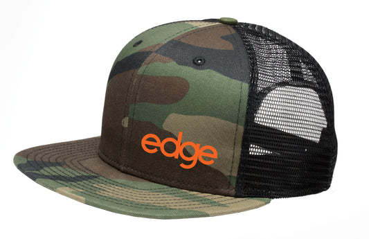 edge - New Era® Original Fit Snapback Trucker Cap in Camo Front / Black Mesh Back w/ Orange Logo